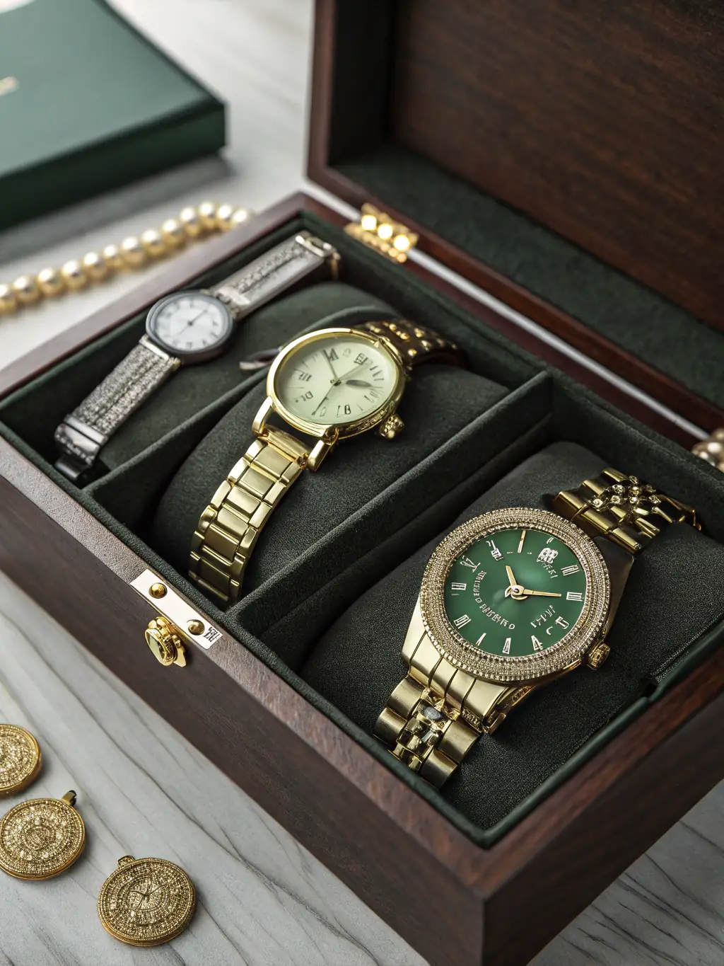 A close-up of various watch dials with different colors, textures, and numeral styles, showcasing the variety available for customization at Laois Watch Works.