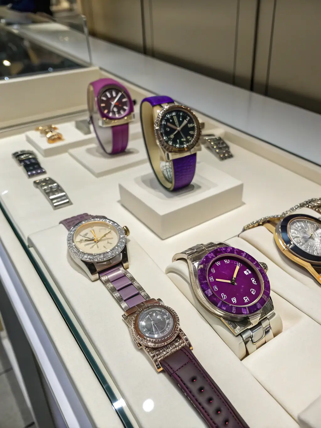 A selection of watch hands in different shapes, sizes, and finishes, including luminous options, displayed on a dark background to highlight their details and craftsmanship at Laois Watch Works.
