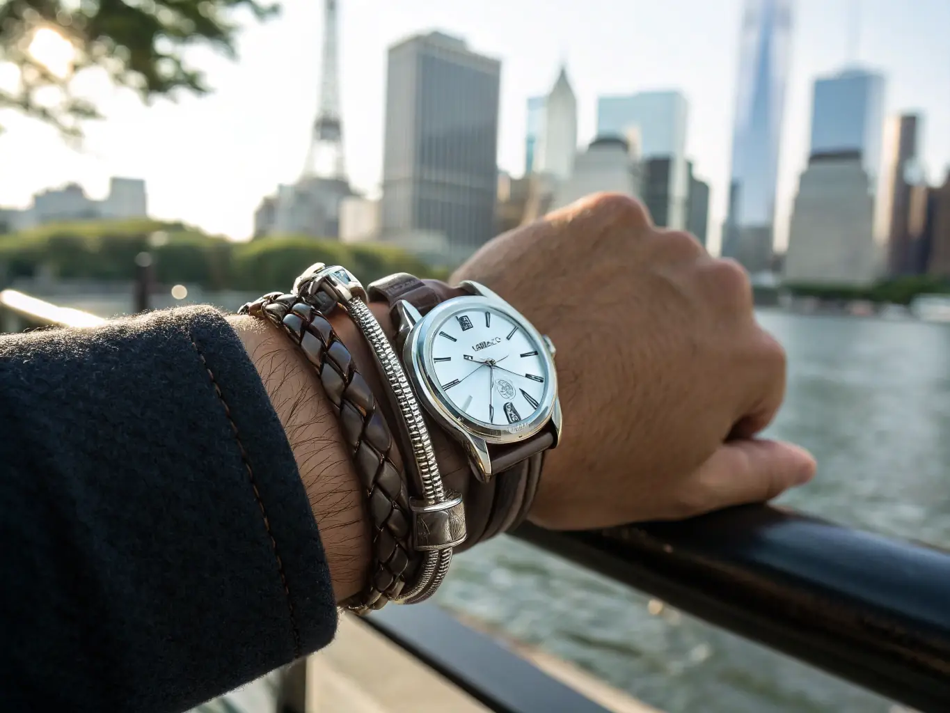 A wrist wearing a stylish budget-friendly watch with a leather strap, set against a backdrop of a casual urban setting, emphasizing the watch's fashionable appearance and affordability.