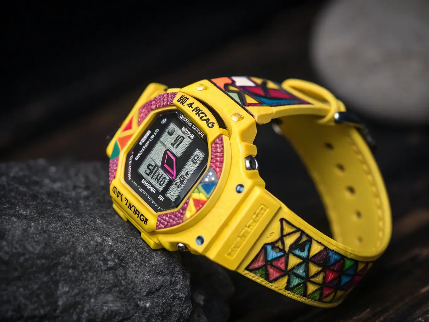 A Casio G-Shock Digital Watch, highlighting its shock-resistant resin case and digital display, set against a backdrop of an active lifestyle scene, such as a gym or outdoor adventure setting.