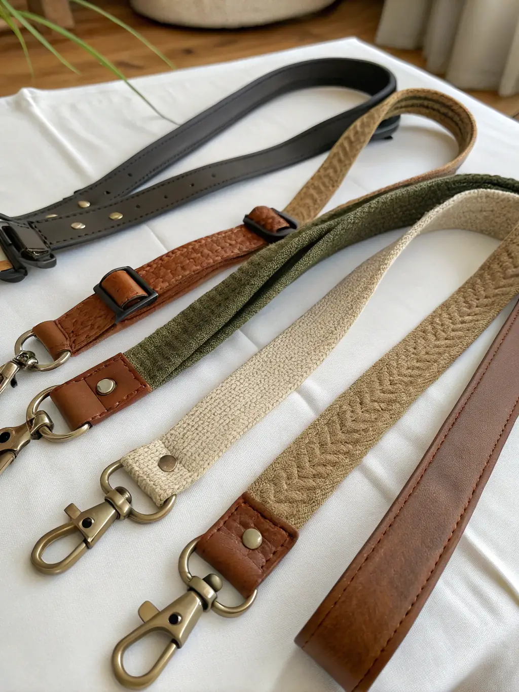 An assortment of watch straps made from different materials such as leather, nylon, and metal, showcasing the range of options available for customizing the look and feel of a watch at Laois Watch Works.